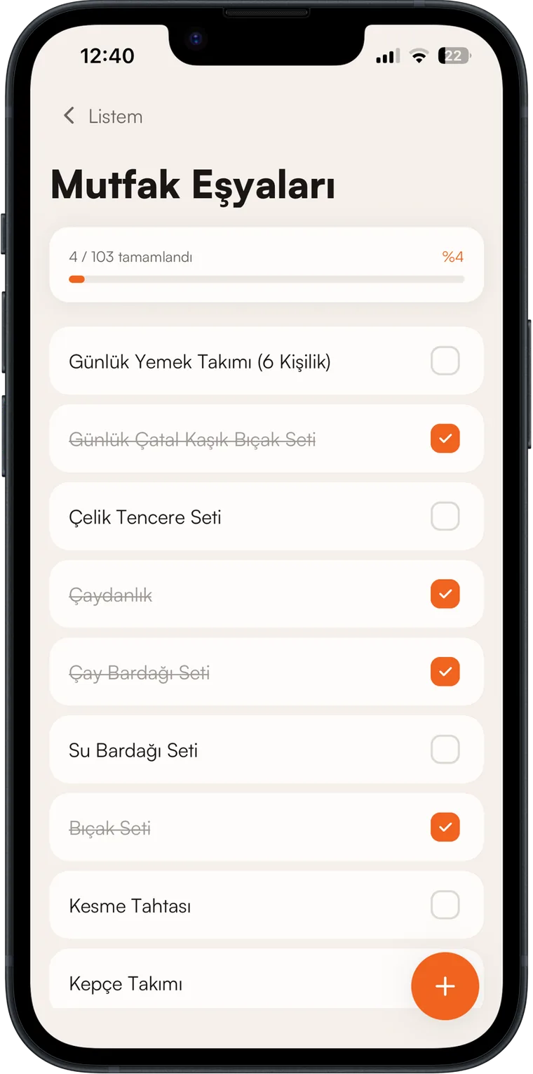 Mutfak Eşyaları kategorisi: 103 üründen 4'ü tamamlanmış, alınanların üstü çizili.